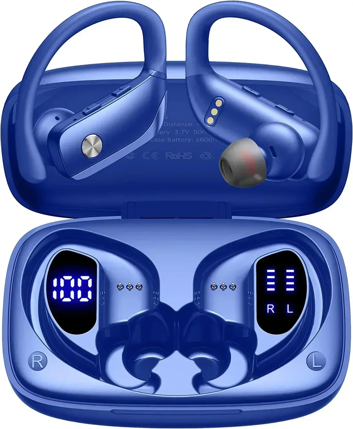 Wireless Earbuds with Earhooks & Mic – 48hrs Playback & LED Display