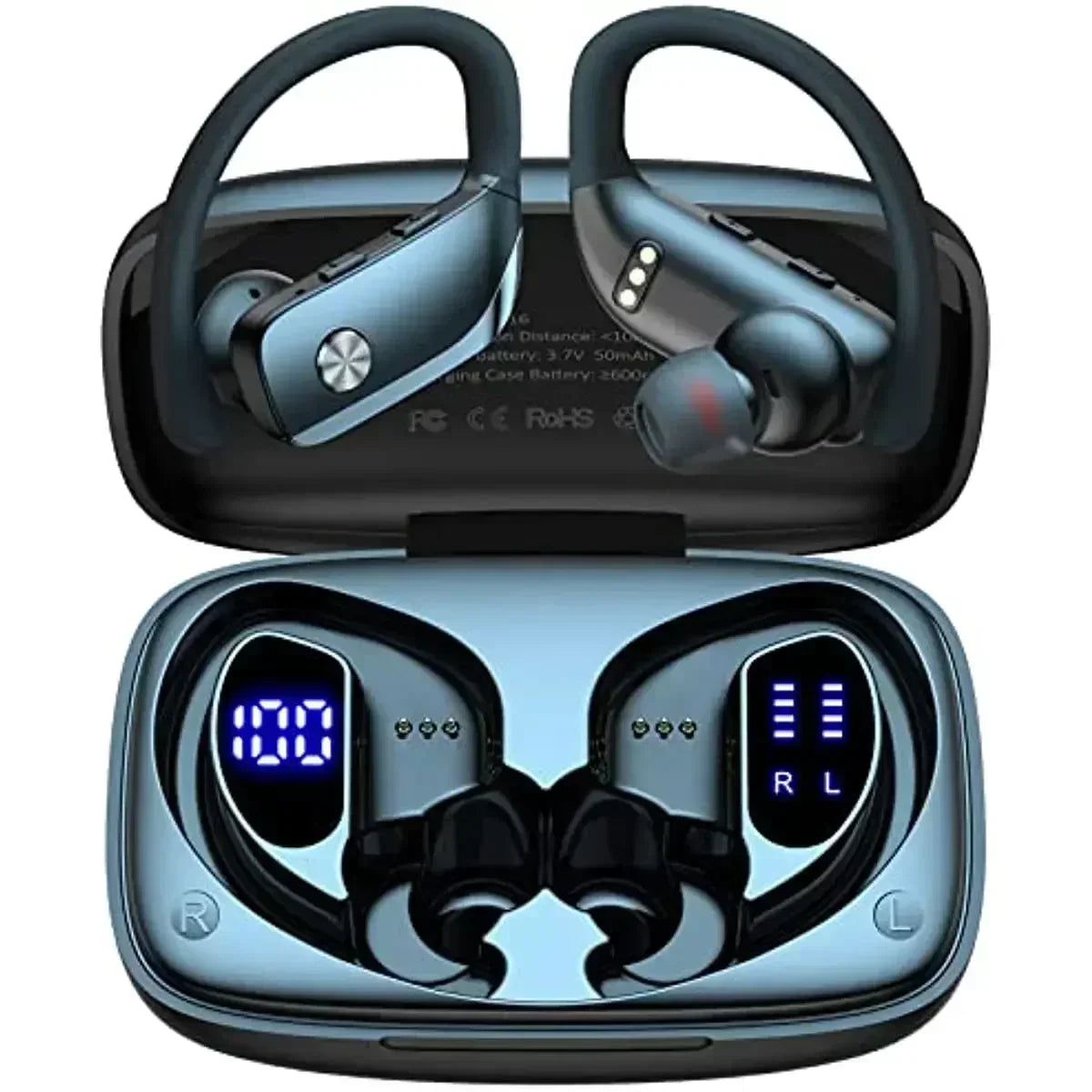 Wireless Earbuds with Earhooks & Mic – 48hrs Playback & LED Display