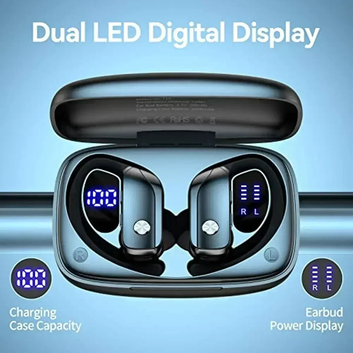 Wireless Earbuds with Earhooks & Mic – 48hrs Playback & LED Display