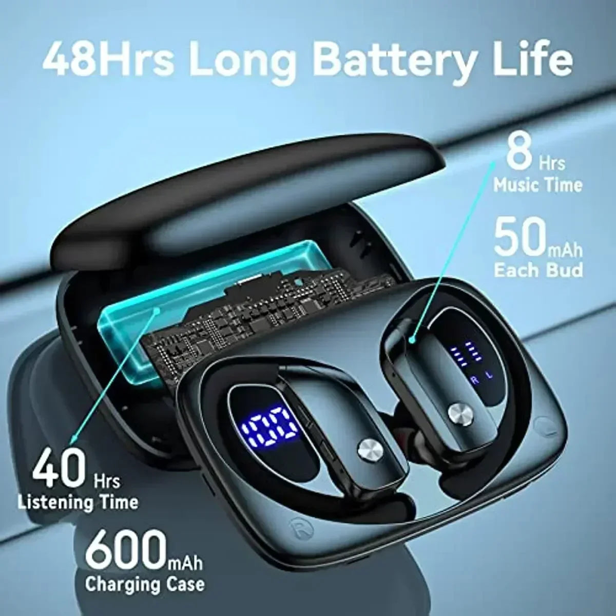 Wireless Earbuds with Earhooks & Mic – 48hrs Playback & LED Display