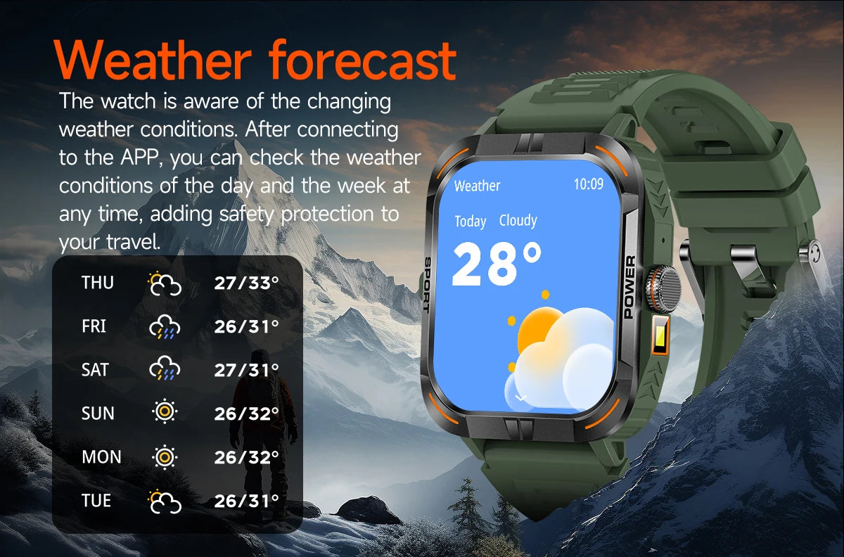 Outdoor Smartwatch with Flashlight – Bluetooth Calls, Compass, AMOLED, Music