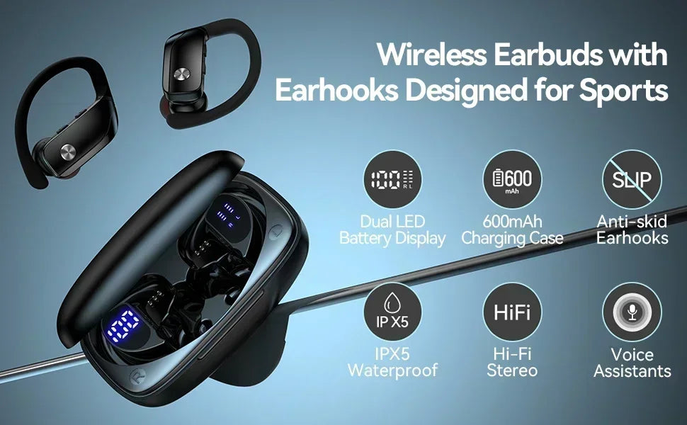 Wireless Earbuds with Earhooks & Mic – 48hrs Playback & LED Display