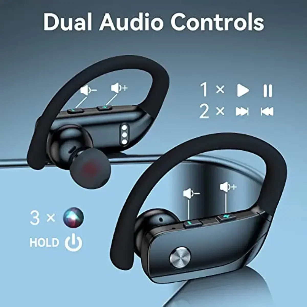 Wireless Earbuds with Earhooks & Mic – 48hrs Playback & LED Display