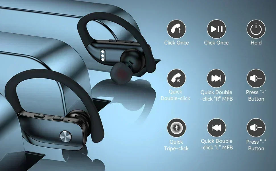 Wireless Earbuds with Earhooks & Mic – 48hrs Playback & LED Display