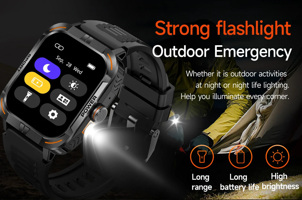 Outdoor Smartwatch with Flashlight – Bluetooth Calls, Compass, AMOLED, Music