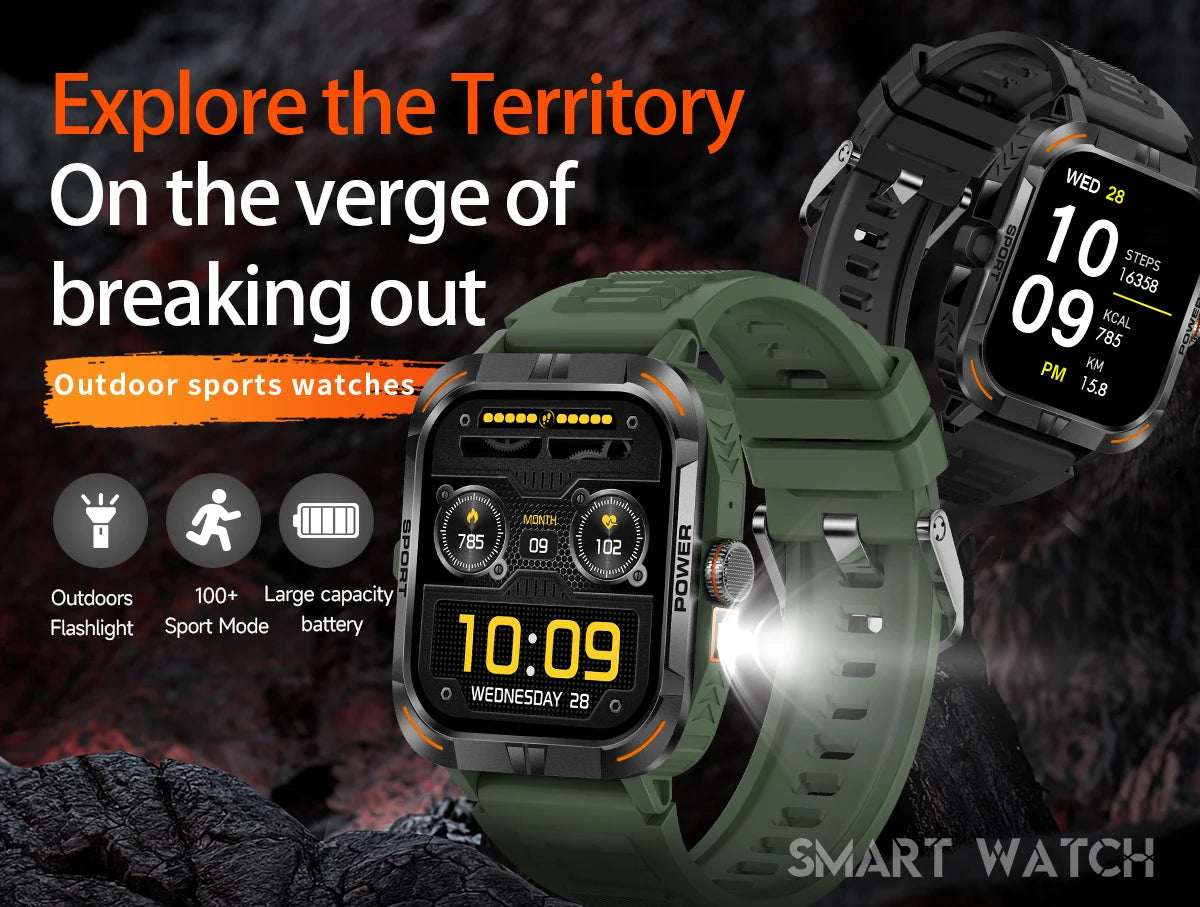 Outdoor Smartwatch with Flashlight – Bluetooth Calls, Compass, AMOLED, Music