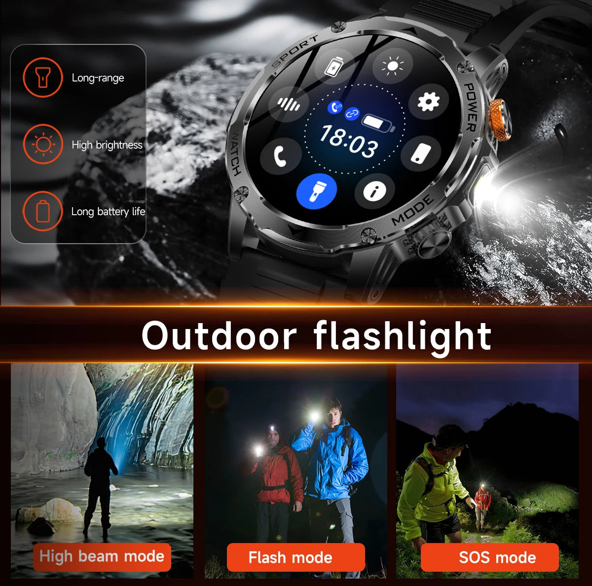 Men’s Smartwatch with Flashlight & Bluetooth Calls – Long Battery Life